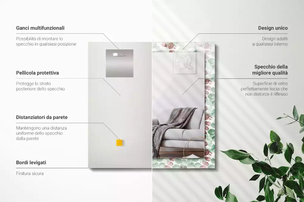 Lustro dekoracyjne prostokątne z motywem liści w akwarelowym stylu