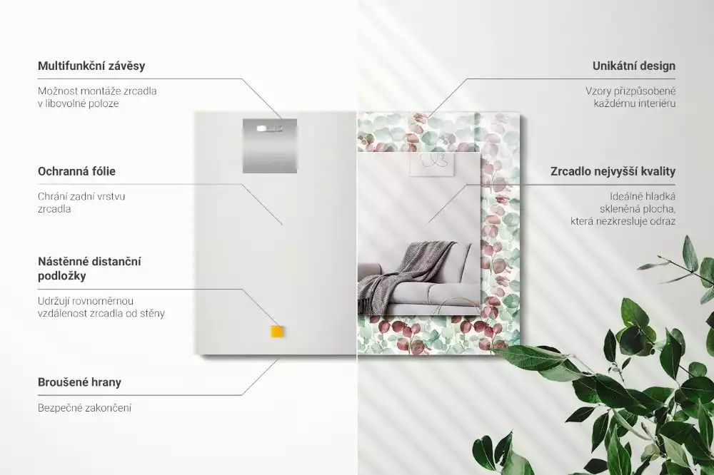 Lustro dekoracyjne prostokątne z motywem liści w akwarelowym stylu