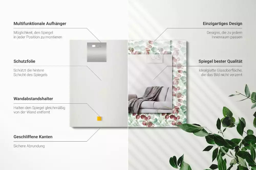 Lustro dekoracyjne prostokątne z motywem liści w akwarelowym stylu