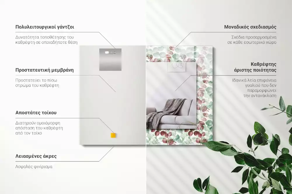 Lustro dekoracyjne prostokątne z motywem liści w akwarelowym stylu