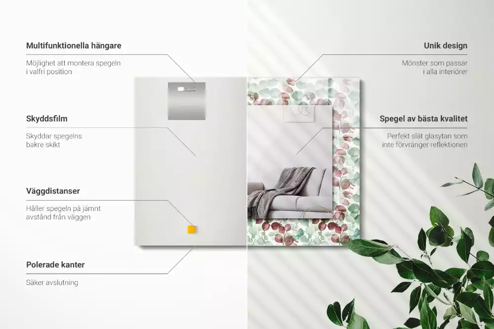 Lustro dekoracyjne prostokątne z motywem liści w akwarelowym stylu