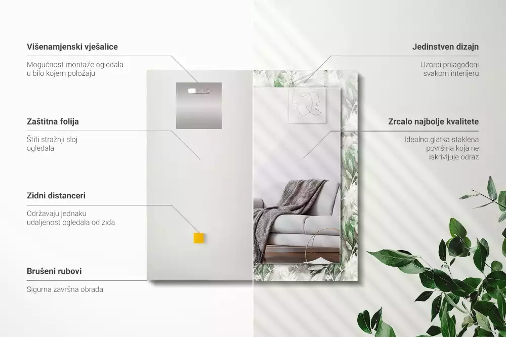 Lustro prostokątne z nadrukiem w zielone liście