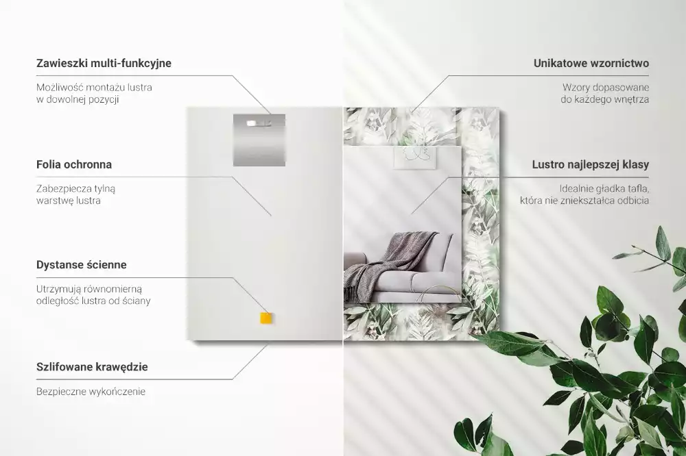 Lustro prostokątne z nadrukiem w zielone liście