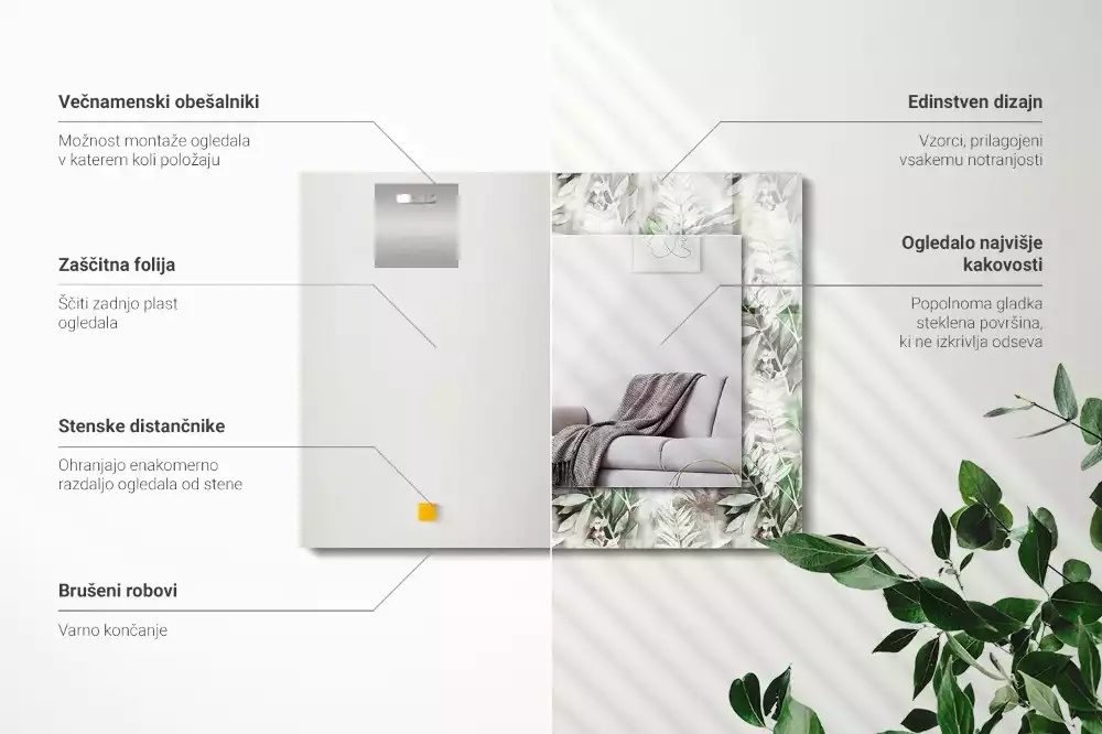 Lustro prostokątne z nadrukiem w zielone liście