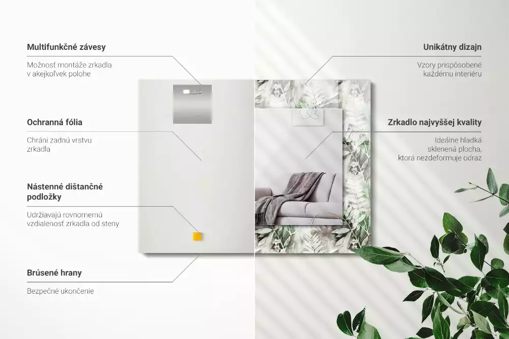 Lustro prostokątne z nadrukiem w zielone liście