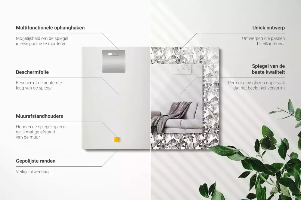 Lustro dekoracyjne prostokątne z nadrukiem z motywem liści i kwiatów