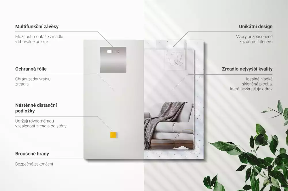 Lustro dekoracyjne z nadrukiem z motywem dmuchawców i kwiatów, w kształcie prostokąta