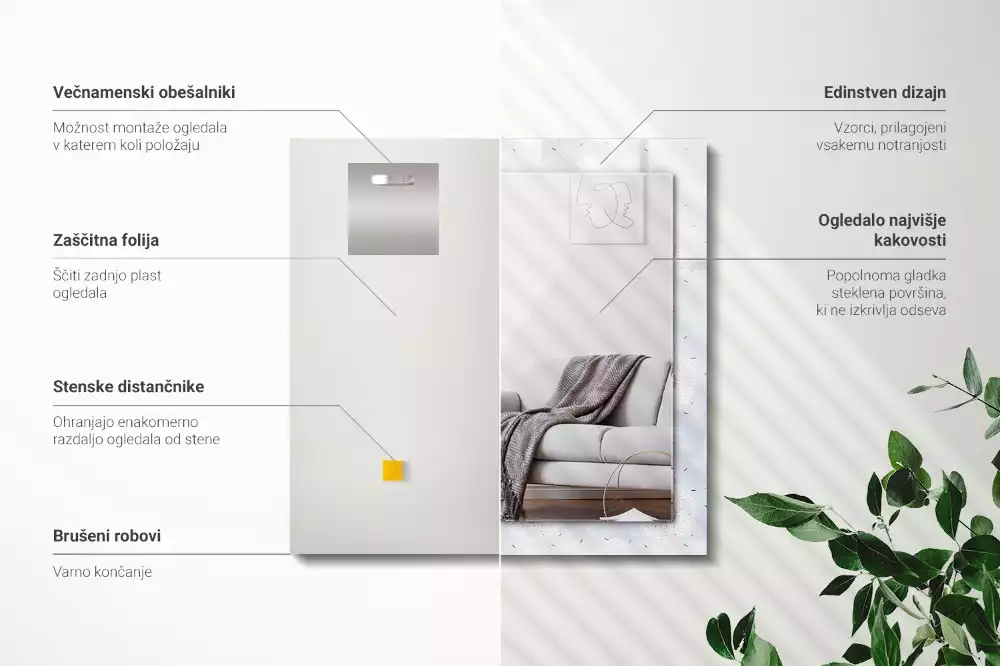 Lustro dekoracyjne z nadrukiem z motywem dmuchawców i kwiatów, w kształcie prostokąta