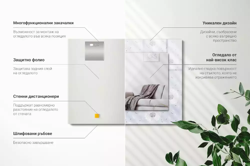 Lustro dekoracyjne z nadrukiem z motywem dmuchawców i kwiatów, w kształcie prostokąta