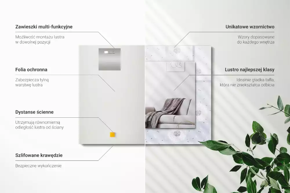 Lustro dekoracyjne z nadrukiem z motywem dmuchawców i kwiatów, w kształcie prostokąta