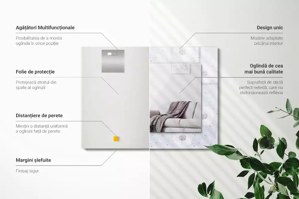 Lustro dekoracyjne z nadrukiem z motywem dmuchawców i kwiatów, w kształcie prostokąta