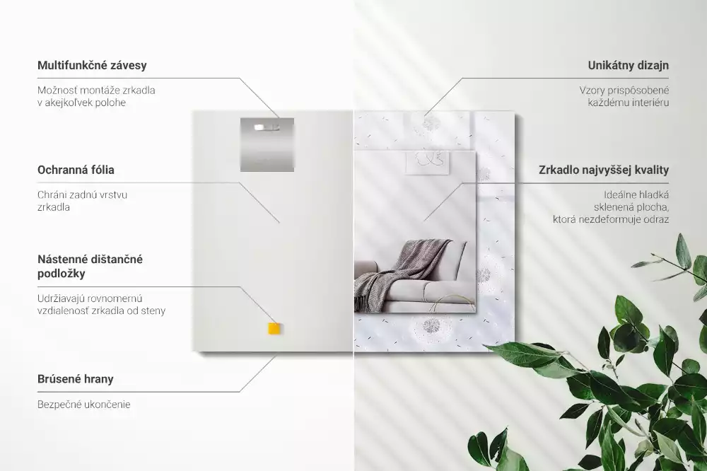 Lustro dekoracyjne z nadrukiem z motywem dmuchawców i kwiatów, w kształcie prostokąta