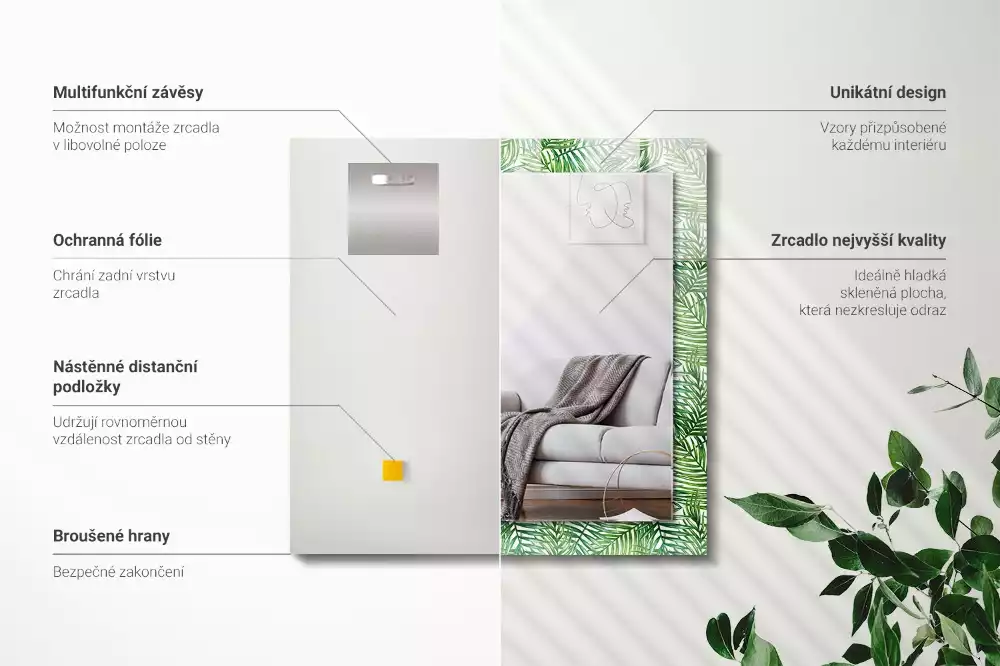 Lustro dekoracyjne z nadrukiem przedstawiającym zielone liście palm