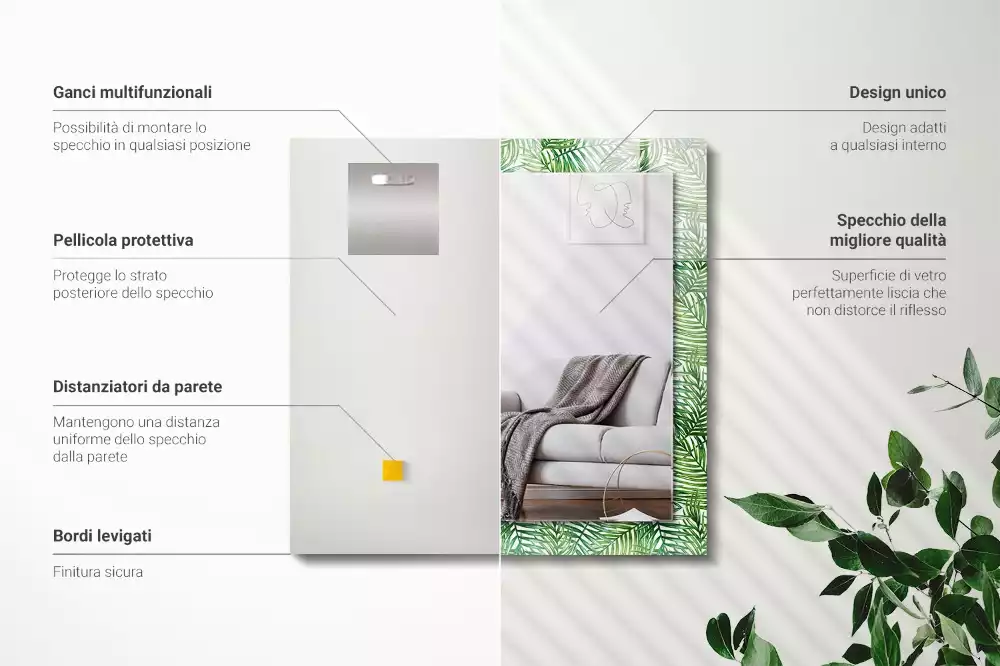 Lustro dekoracyjne z nadrukiem przedstawiającym zielone liście palm