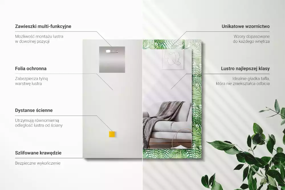 Lustro dekoracyjne z nadrukiem przedstawiającym zielone liście palm