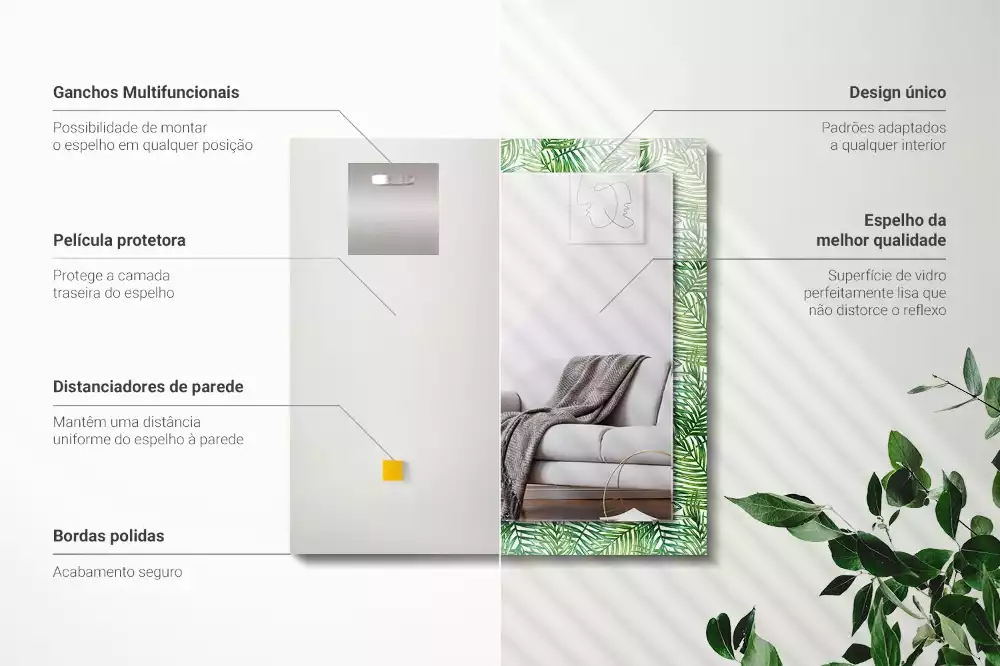 Lustro dekoracyjne z nadrukiem przedstawiającym zielone liście palm