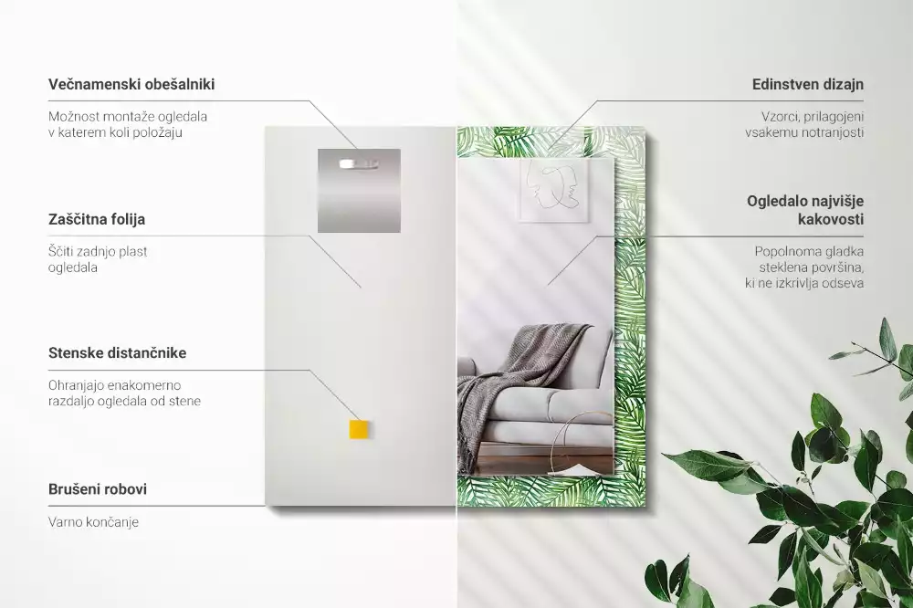 Lustro dekoracyjne z nadrukiem przedstawiającym zielone liście palm