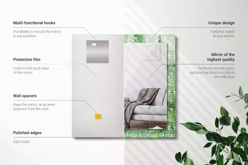 Lustro dekoracyjne z nadrukiem przedstawiającym zielone liście palm