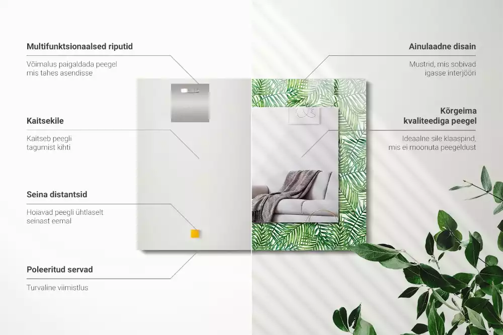 Lustro dekoracyjne z nadrukiem przedstawiającym zielone liście palm