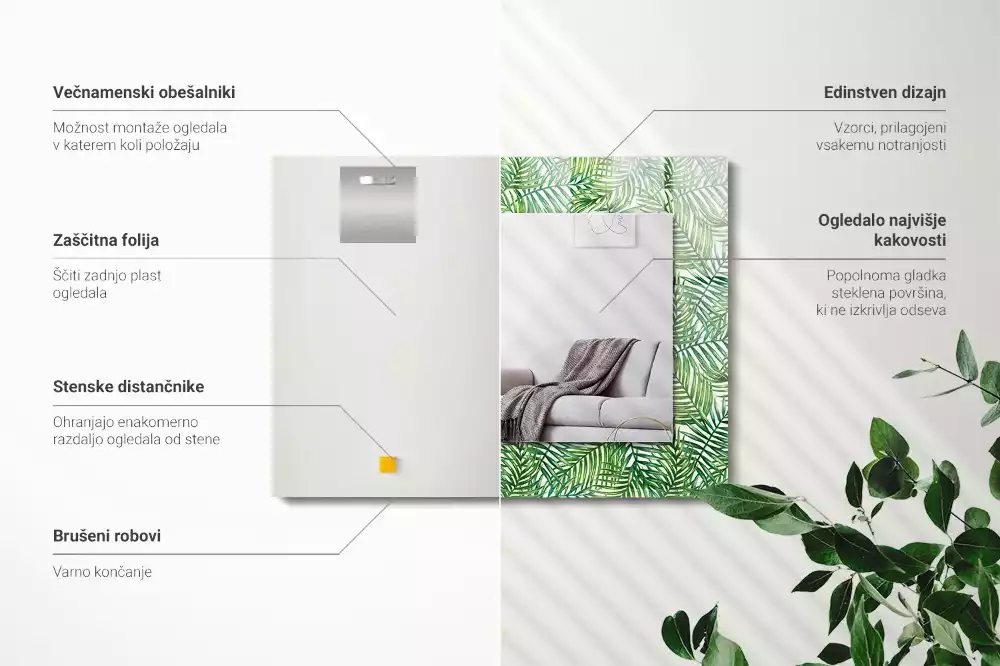 Lustro dekoracyjne z nadrukiem przedstawiającym zielone liście palm