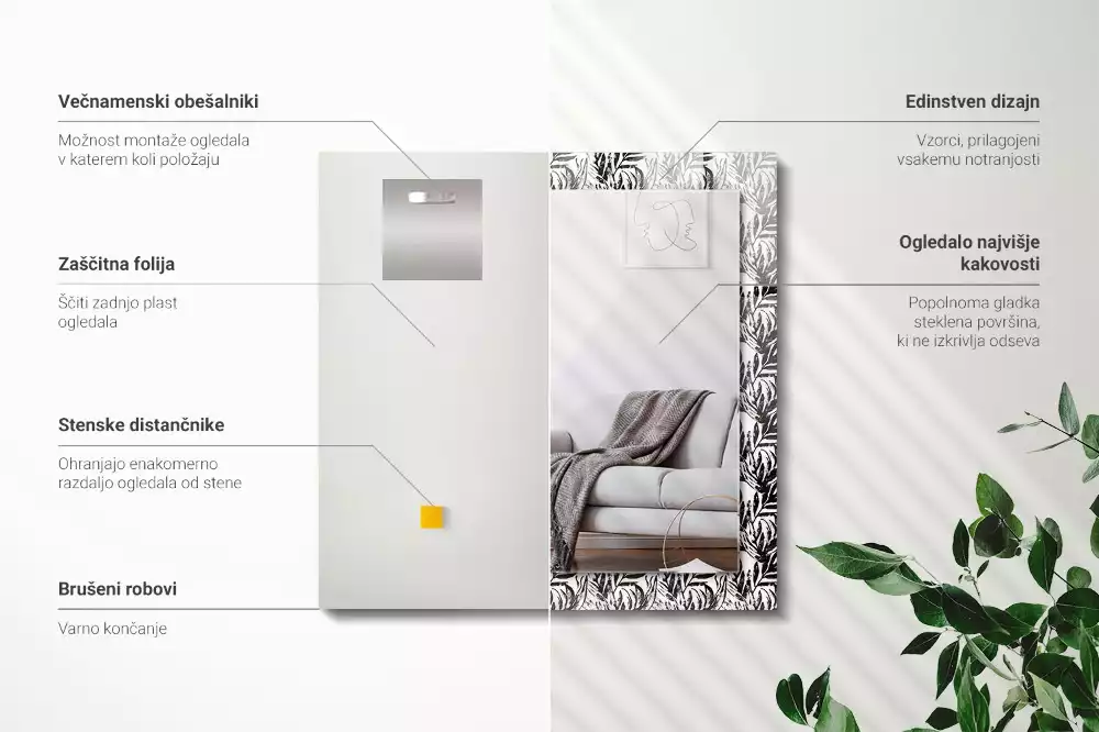 Lustro prostokątne z nadrukiem czarno-białych liści