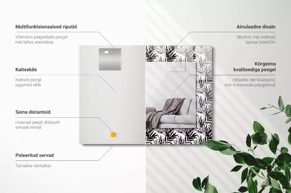 Lustro prostokątne z nadrukiem czarno-białych liści