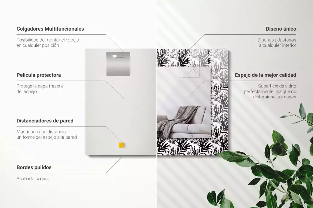 Lustro prostokątne z nadrukiem czarno-białych liści