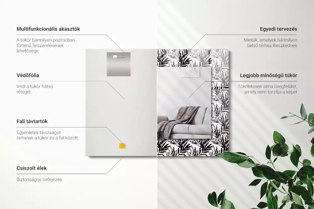 Lustro prostokątne z nadrukiem czarno-białych liści