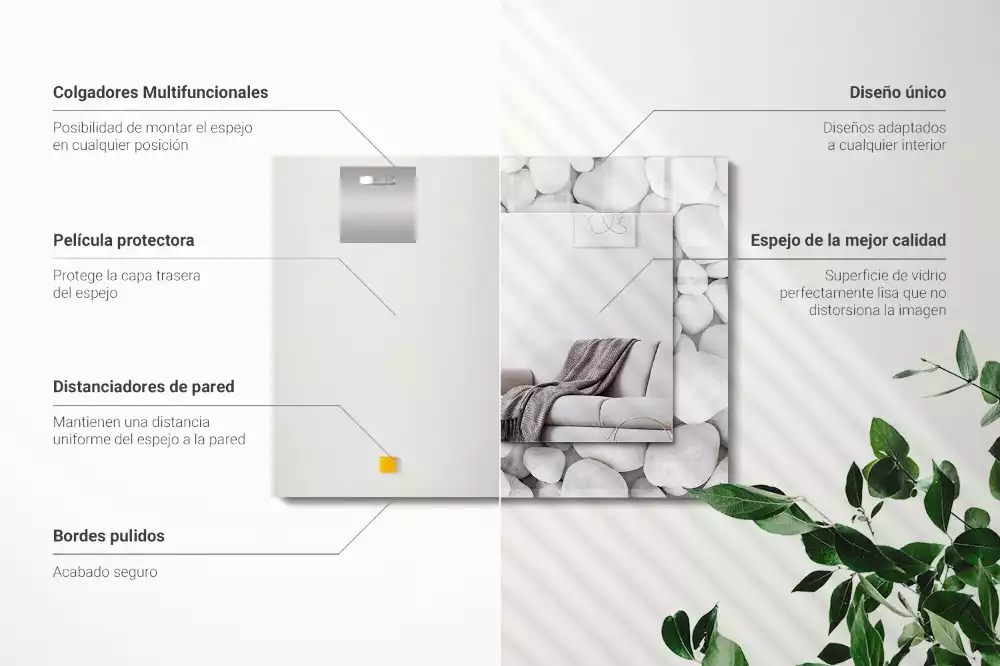 Lustro dekoracyjne prostokątne z białymi, gładkimi kamieniami