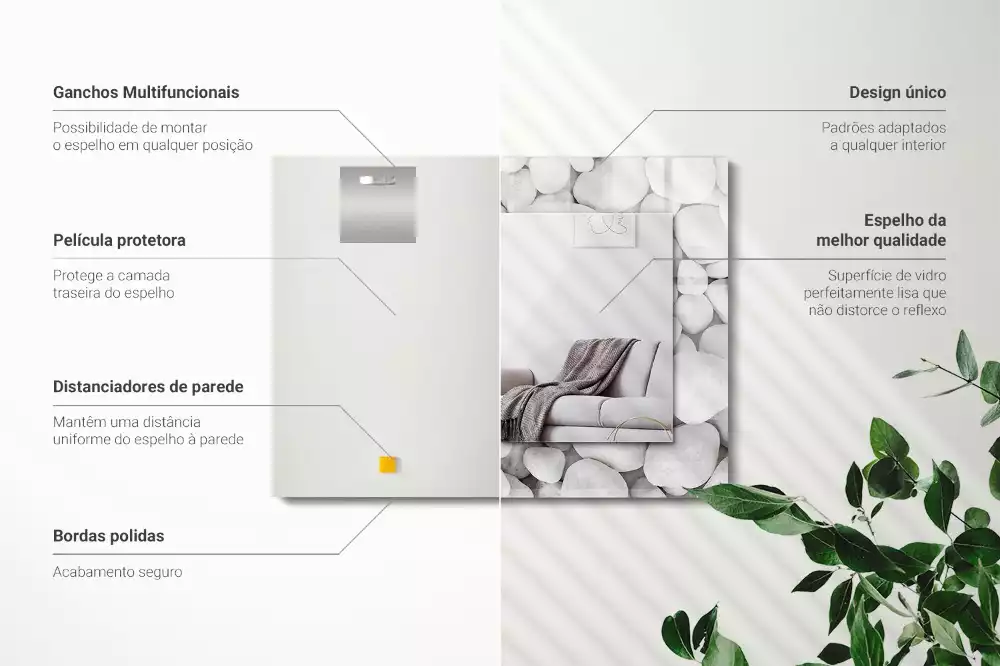 Lustro dekoracyjne prostokątne z białymi, gładkimi kamieniami