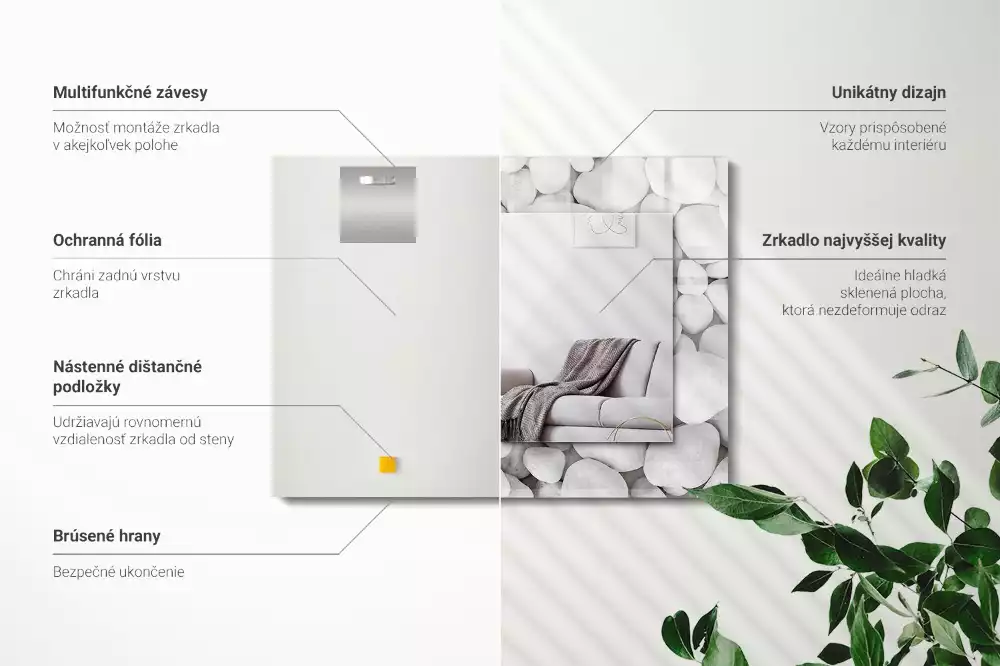 Lustro dekoracyjne prostokątne z białymi, gładkimi kamieniami