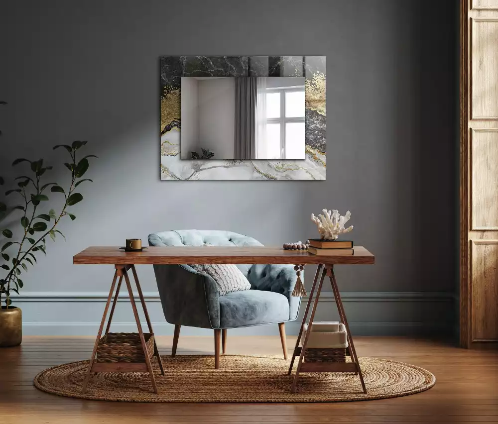 Lustro dekoracyjne prostokątne z nadrukiem przedstawiającym abstrakcyjny marmurowy wzór żył