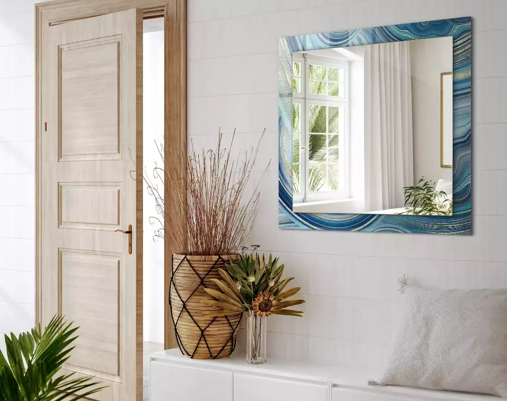 Lustro dekoracyjne z abstrakcyjnym motywem niebieskich fal