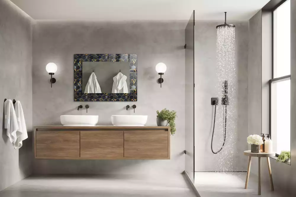 Lustro dekoracyjne z nadrukiem w motyw sześciokątów i liści