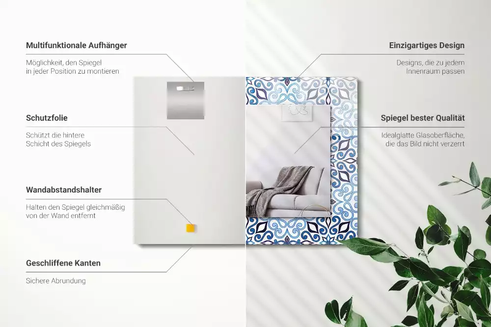 Lustro z nadrukiem w niebieski wzór ornamentowy