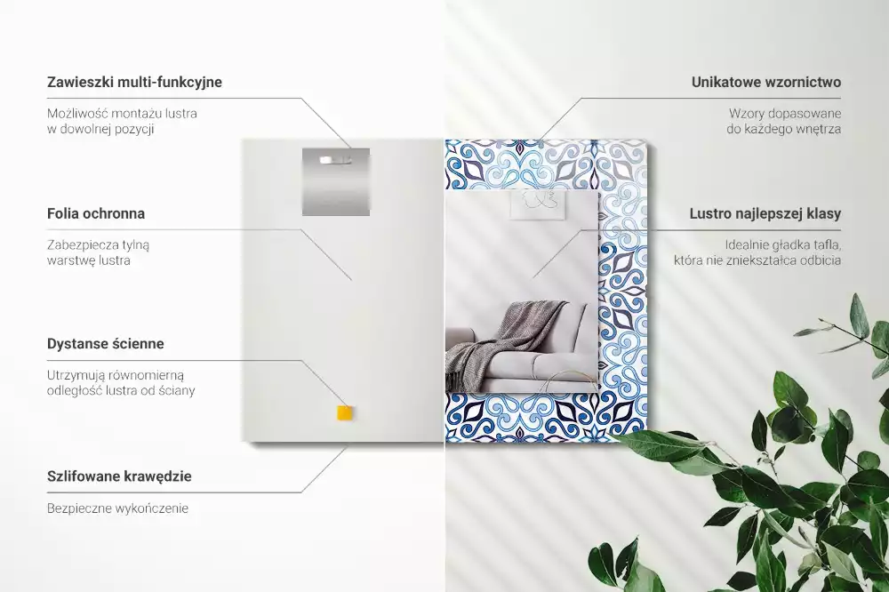 Lustro z nadrukiem w niebieski wzór ornamentowy