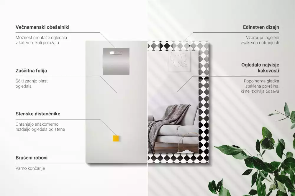 Lustro dekoracyjne z nadrukiem w czarno-białą szachownicę