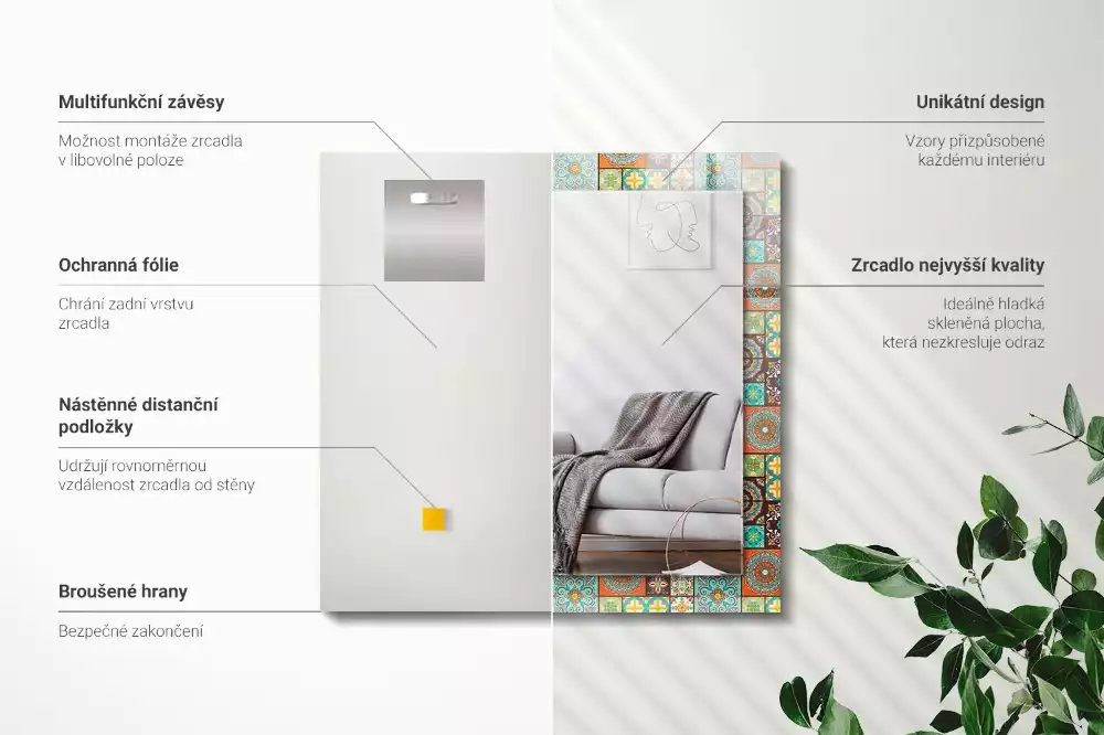 Lustro prostokątne z nadrukiem w motyw kolorowych kafelek mozaiki