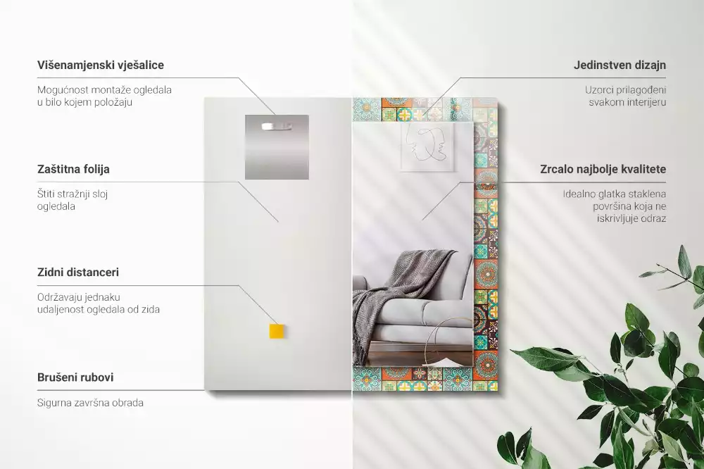 Lustro prostokątne z nadrukiem w motyw kolorowych kafelek mozaiki