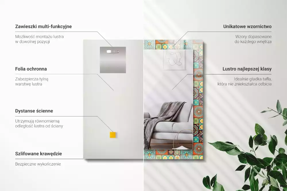 Lustro prostokątne z nadrukiem w motyw kolorowych kafelek mozaiki