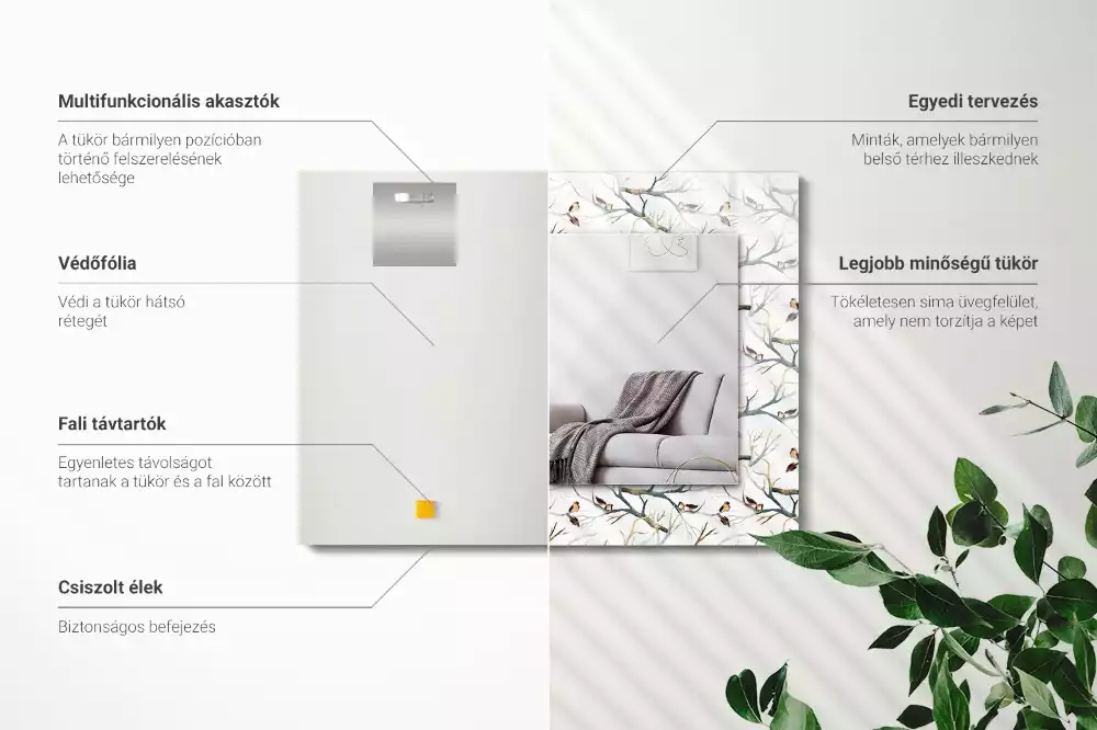 Lustro prostokątne z nadrukiem przedstawiającym ptaki na gałęziach