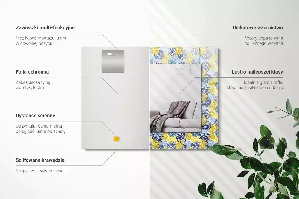 Lustro prostokątne z nadrukiem w kolorowy wzór kwiatowy