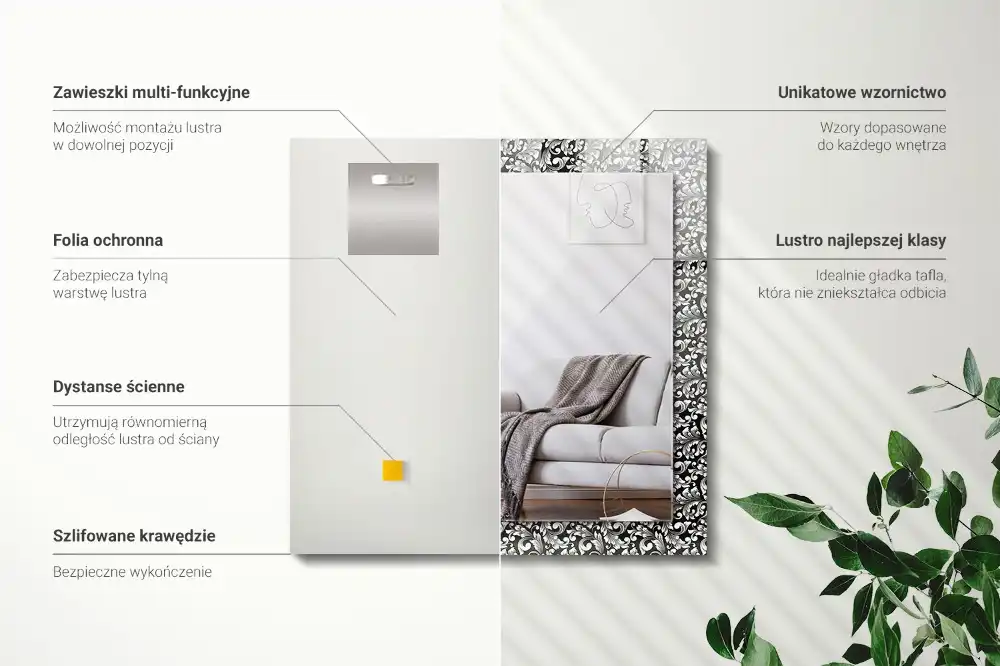 Lustro prostokątne z nadrukiem w czarno-białe ornamenty