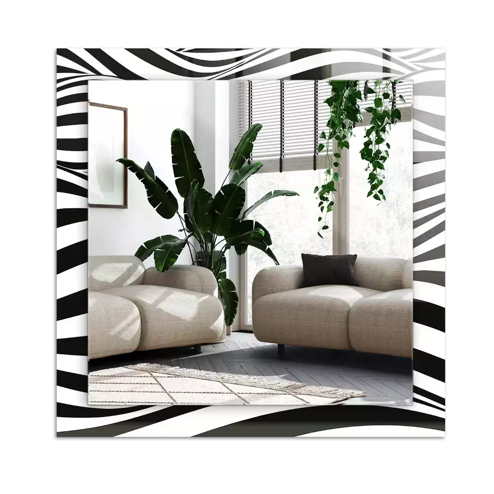 Lustro z nadrukiem w czarno-białe fale, w kształcie prostokąta