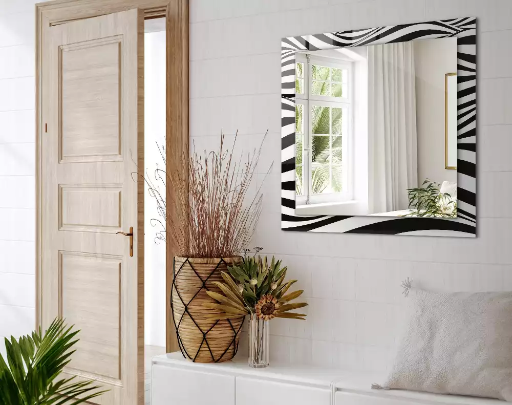 Lustro z nadrukiem w czarno-białe fale, w kształcie prostokąta