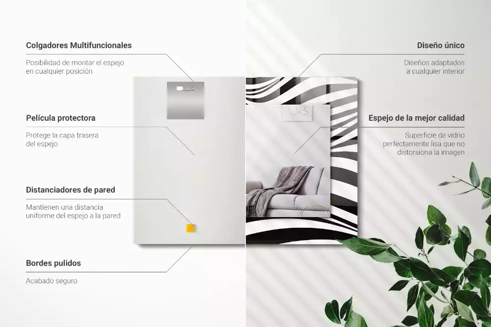 Lustro z nadrukiem w czarno-białe fale, w kształcie prostokąta