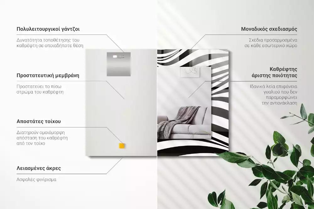 Lustro z nadrukiem w czarno-białe fale, w kształcie prostokąta