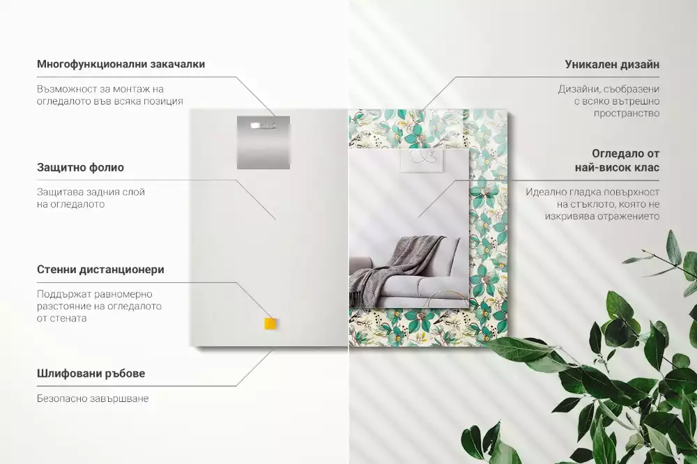 Lustro dekoracyjne z nadrukiem z motywem ptaków i kwiatów