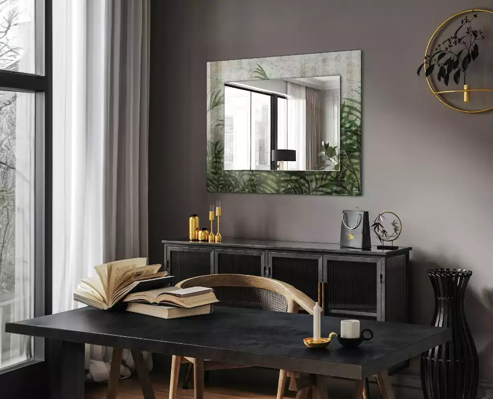 Lustro dekoracyjne prostokątne z nadrukiem zielonych liści paproci