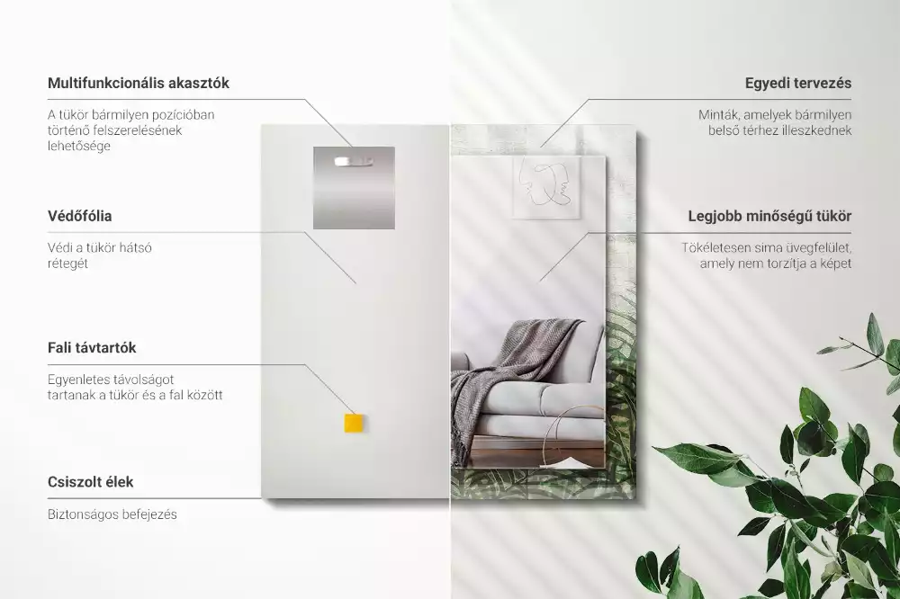 Lustro dekoracyjne prostokątne z nadrukiem zielonych liści paproci